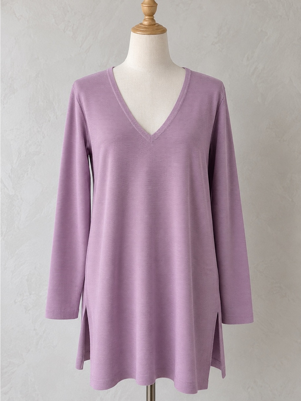 Eileen Fisher L Organic Cotton V Neck Knit Tunic Sweater Purple Side Slit